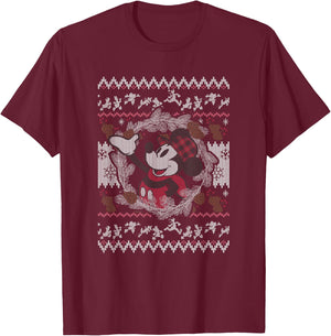 Disney Mickey and Friends Christmas Plaid Ugly Sweater T-Shirt - T-Shirt | Maroon