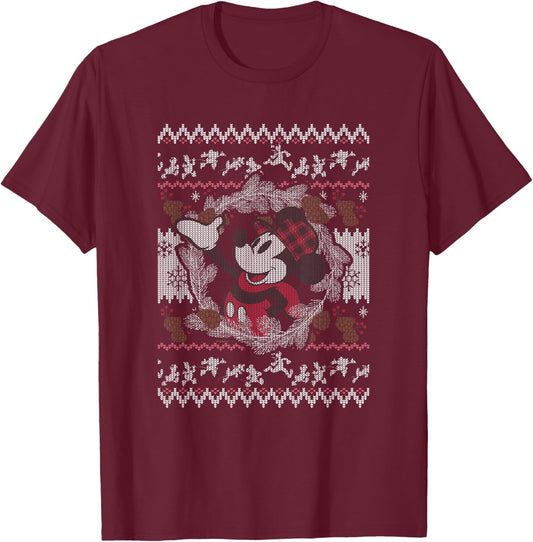 Disney Mickey and Friends Christmas Plaid Ugly Sweater T-Shirt - T-Shirt | Maroon