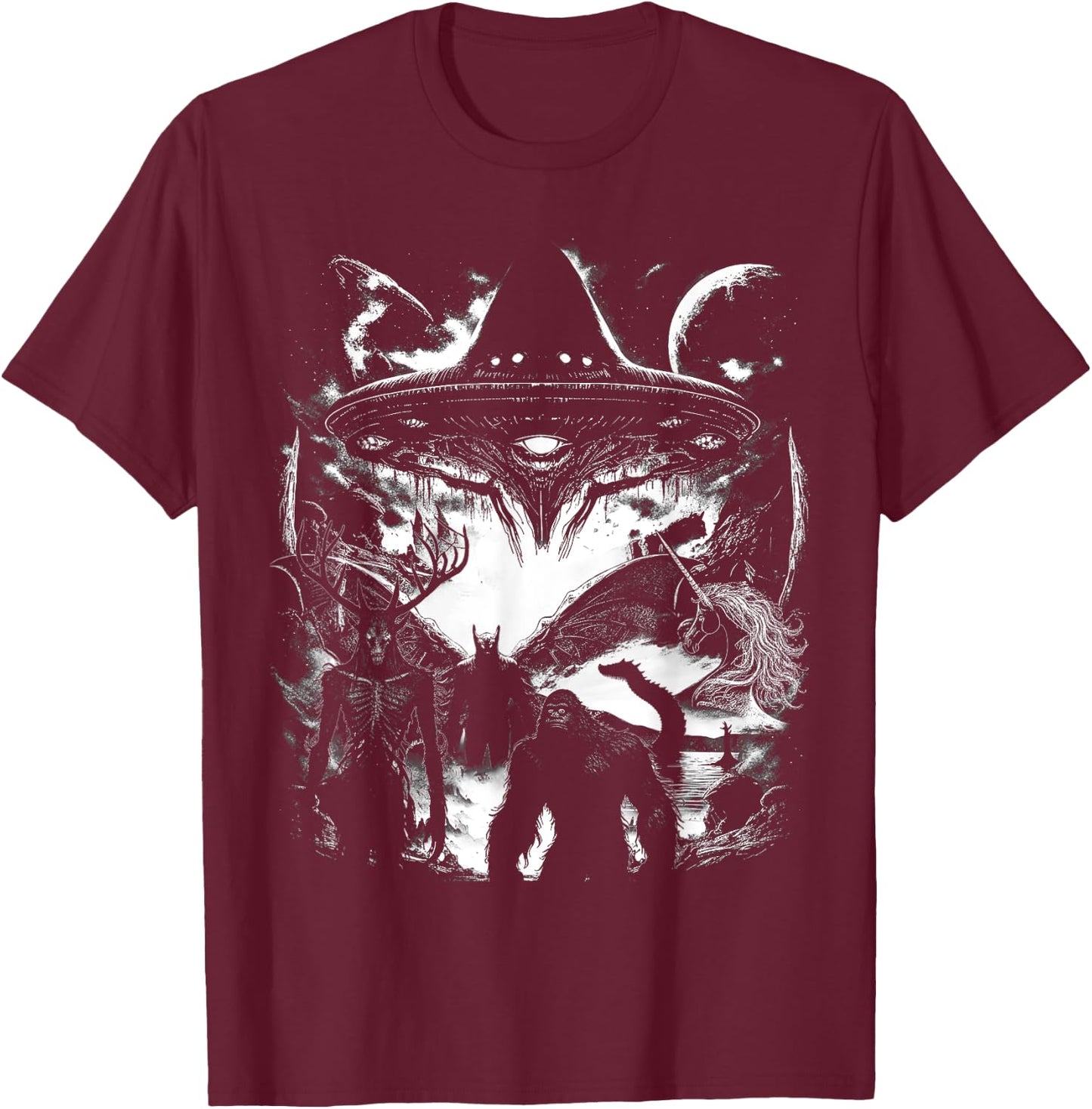 Bigfoot Loch Ness Monster Mothman Wendigo Alien Cryptid T-Shirt - T-Shirt | Maroon
