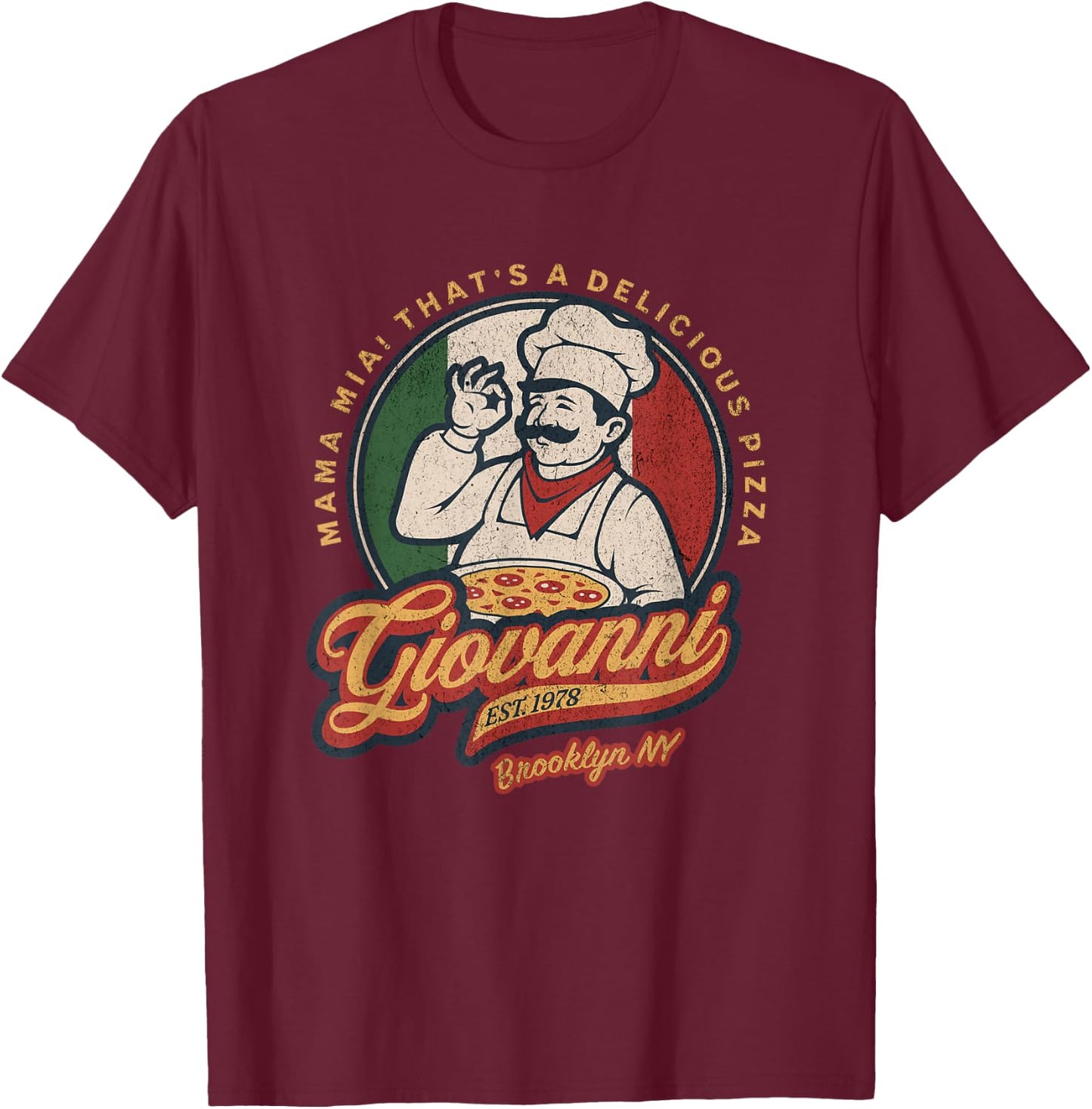 Vintage New York Pizza Retro 70s Giovanni Brooklyn NY T-Shirt - T-Shirt | Maroon