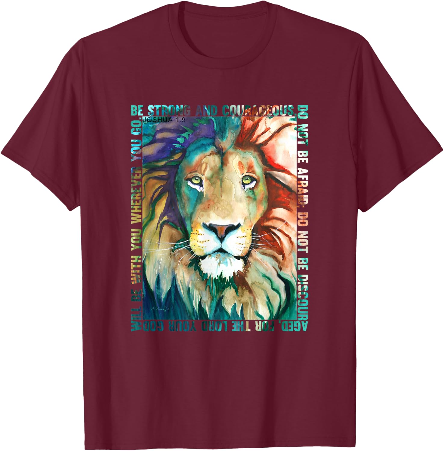 Lion Colorful Face Bible Verse Watercolor by Cheryl Casey T-Shirt - T-Shirt | Maroon