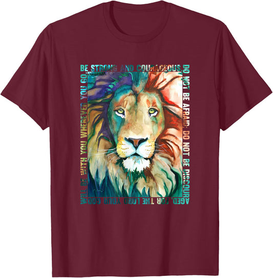 Lion Colorful Face Bible Verse Watercolor by Cheryl Casey T-Shirt - T-Shirt | Maroon