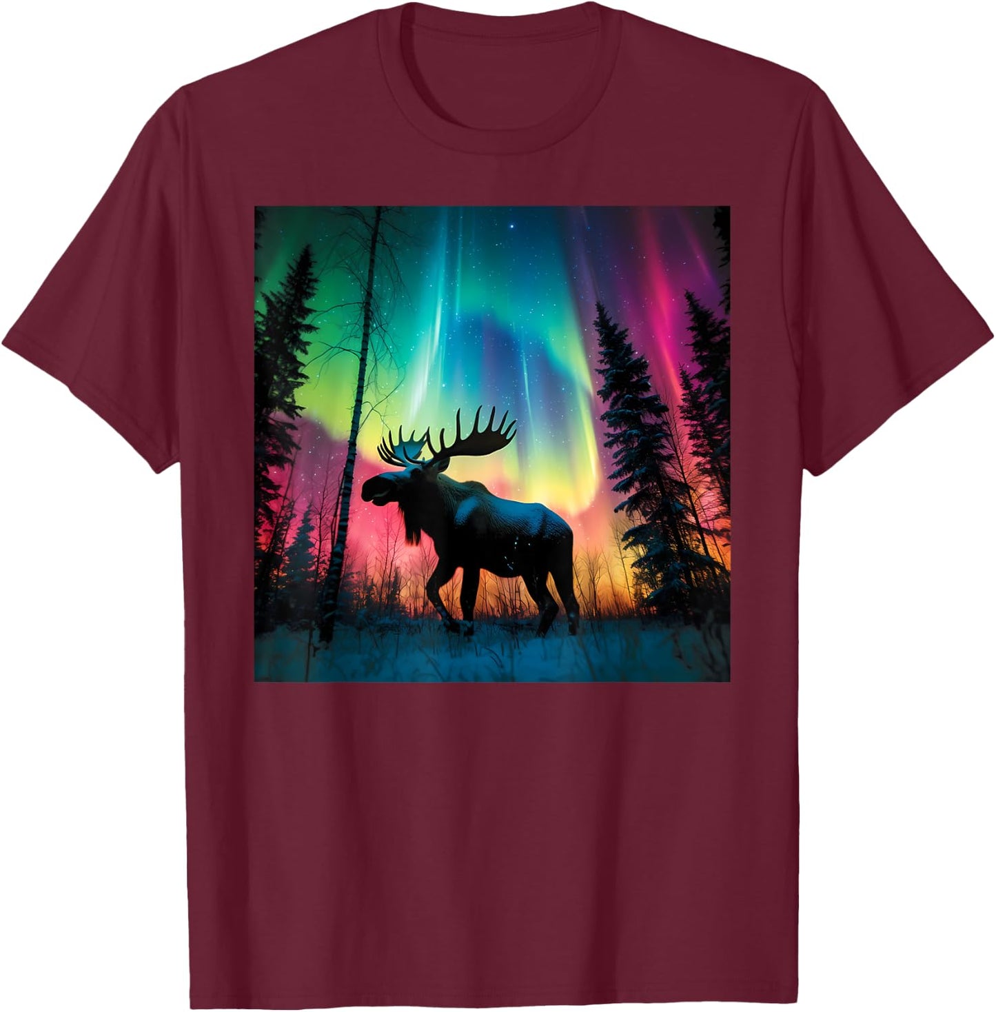 Minnesota Northern Lights Moose Family Winter Camping Trip T-Shirt - T-Shirt | Maroon