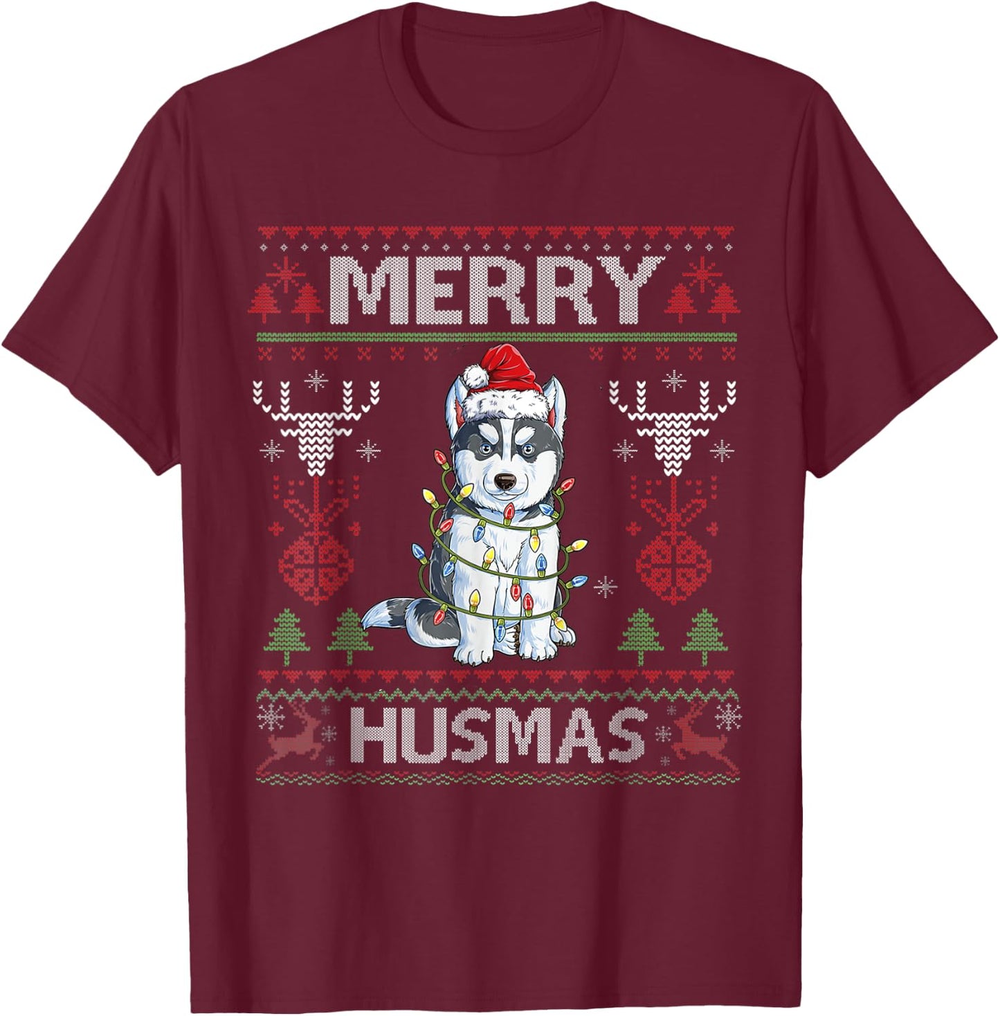 Cute Merry Huskymas Ugly Sweater Husky Christmas Tree Dog T-Shirt - T-Shirt | Maroon