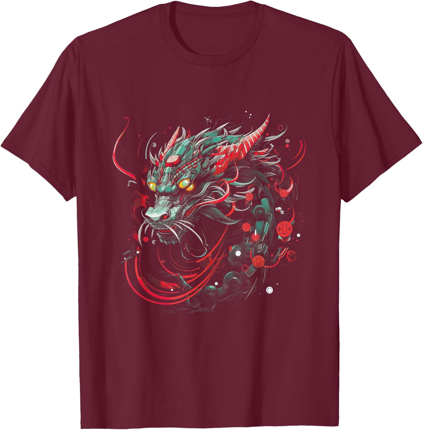 Dragon Asia Mythology Futuristic Japanese Cyberpunk Japan Art Cyber - Women's -Adults Black Short Sleeve Classic Fit Collarless - Small T-Shirt - T-Shirt | Maroon