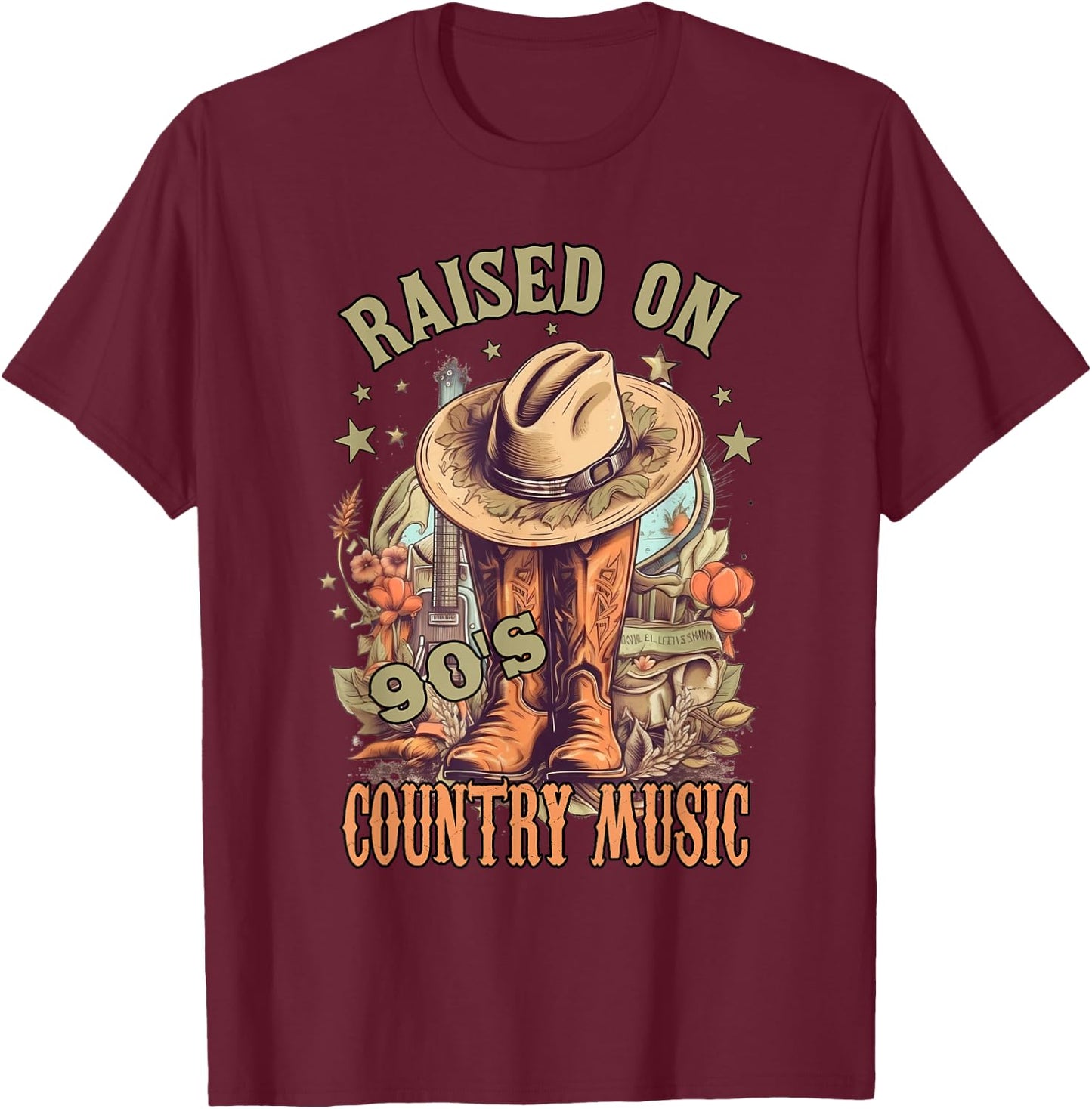 Vintage Western Music Raised on 90’s Country Music T-Shirt - T-Shirt | Maroon