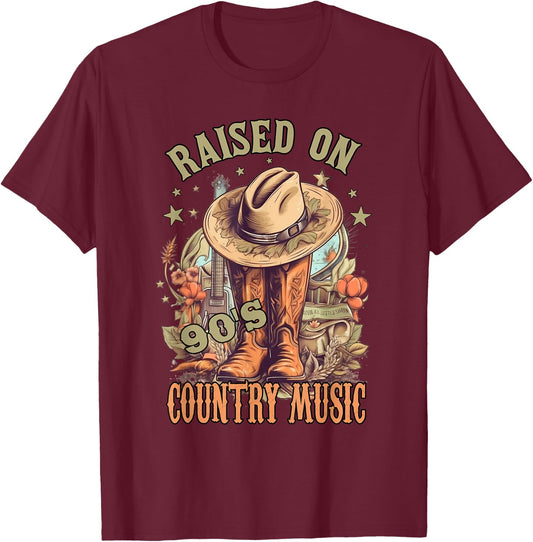 Vintage Western Music Raised on 90’s Country Music T-Shirt - T-Shirt | Maroon