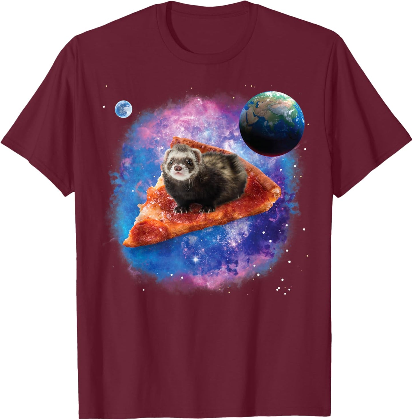 Funny Ferret on a Pizza in Space Ferret T-Shirt - T-Shirt | Maroon