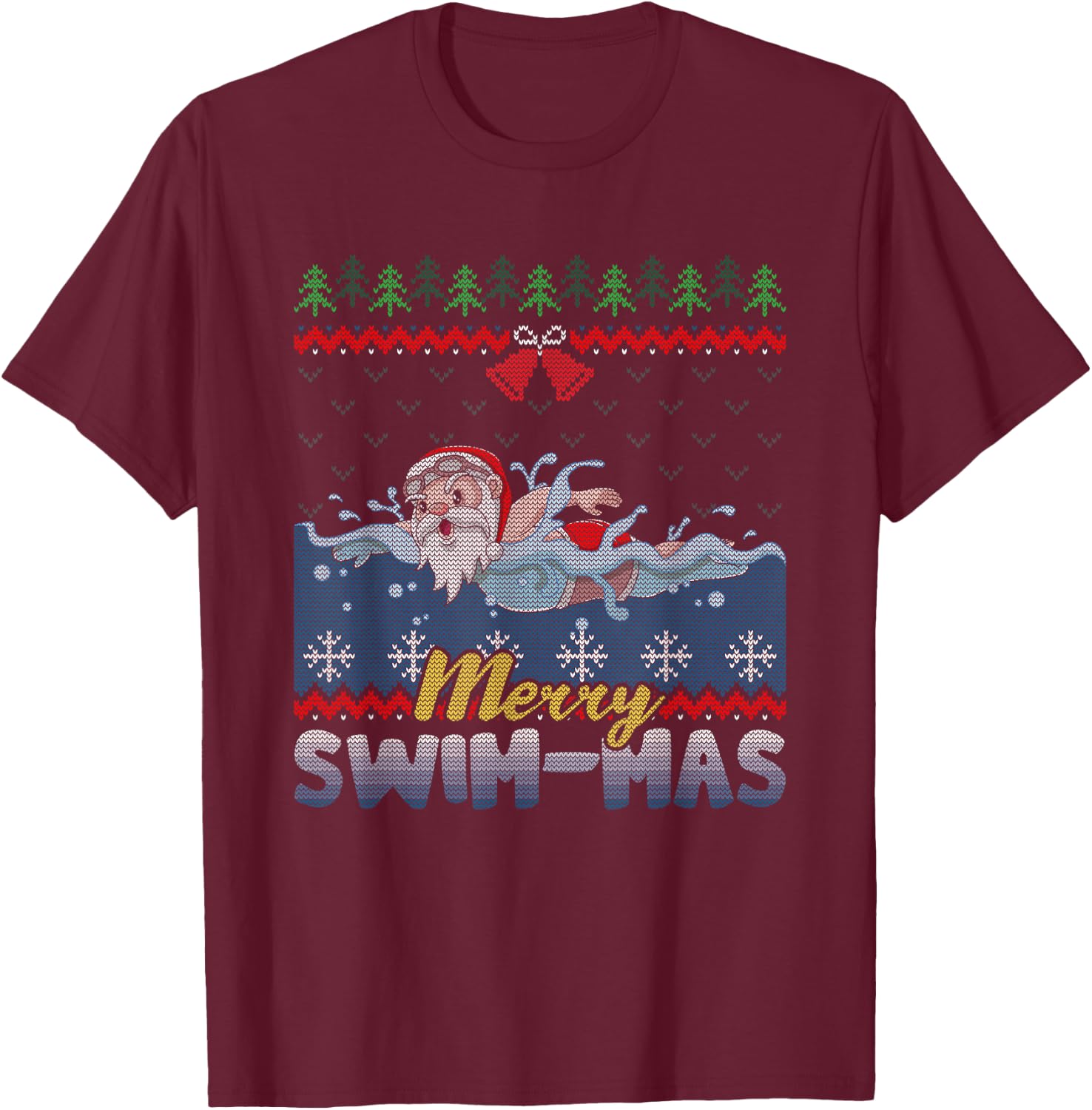 Merry Swim-Mas Santa Claus Swimming Ugly Christmas Sweater T-Shirt - T-Shirt | Maroon