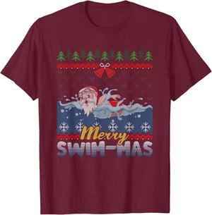 Merry Swim-Mas Santa Claus Swimming Ugly Christmas Sweater T-Shirt - T-Shirt | Maroon