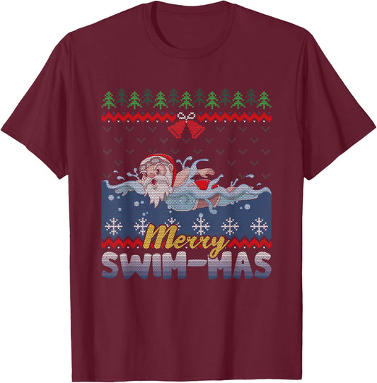 Merry Swim-Mas Santa Claus Swimming Ugly Christmas Sweater T-Shirt - T-Shirt | Maroon