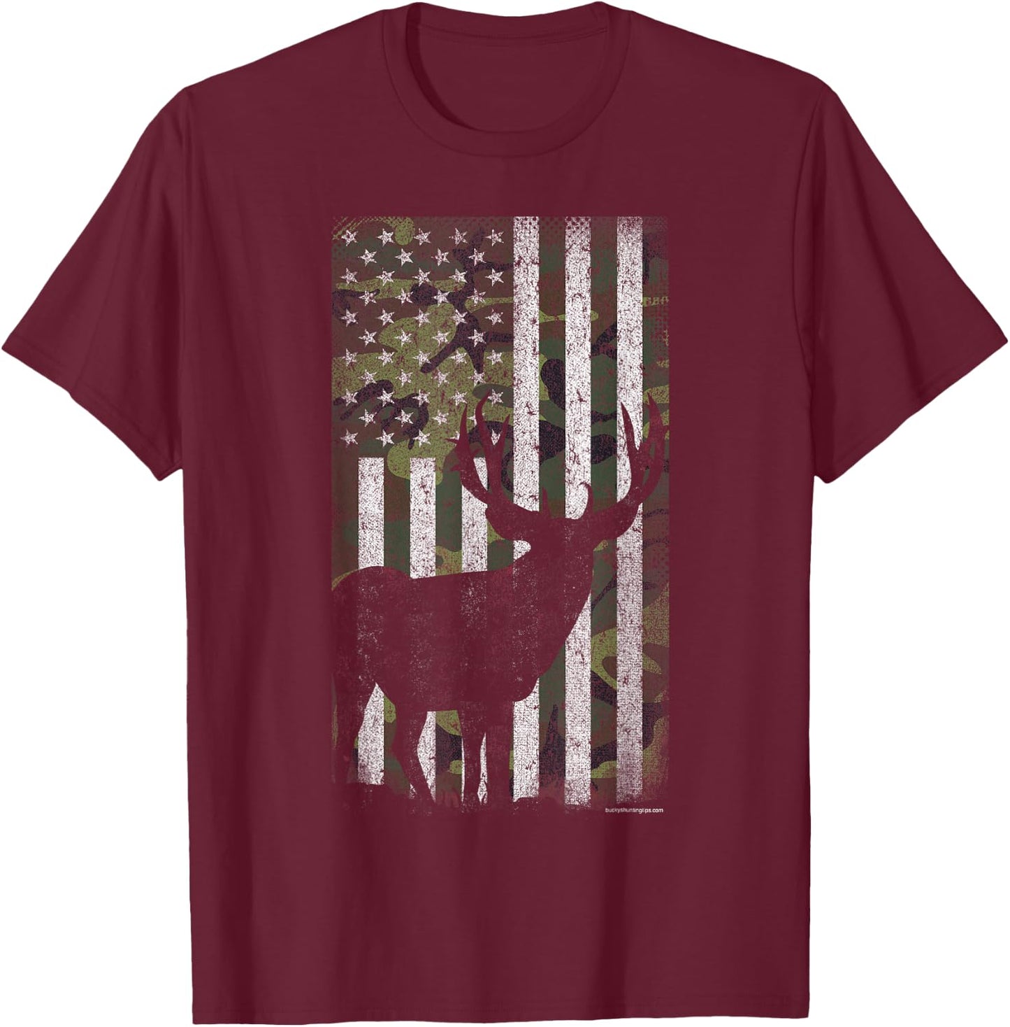 Deer Hunting Mule Deer Buck Camo US Flag - American Retro T-Shirt - T-Shirt | Maroon