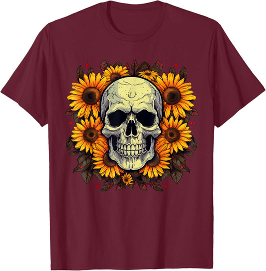 Floral Sugar Skull with Sunflowers T-Shirt - T-Shirt | Maroon