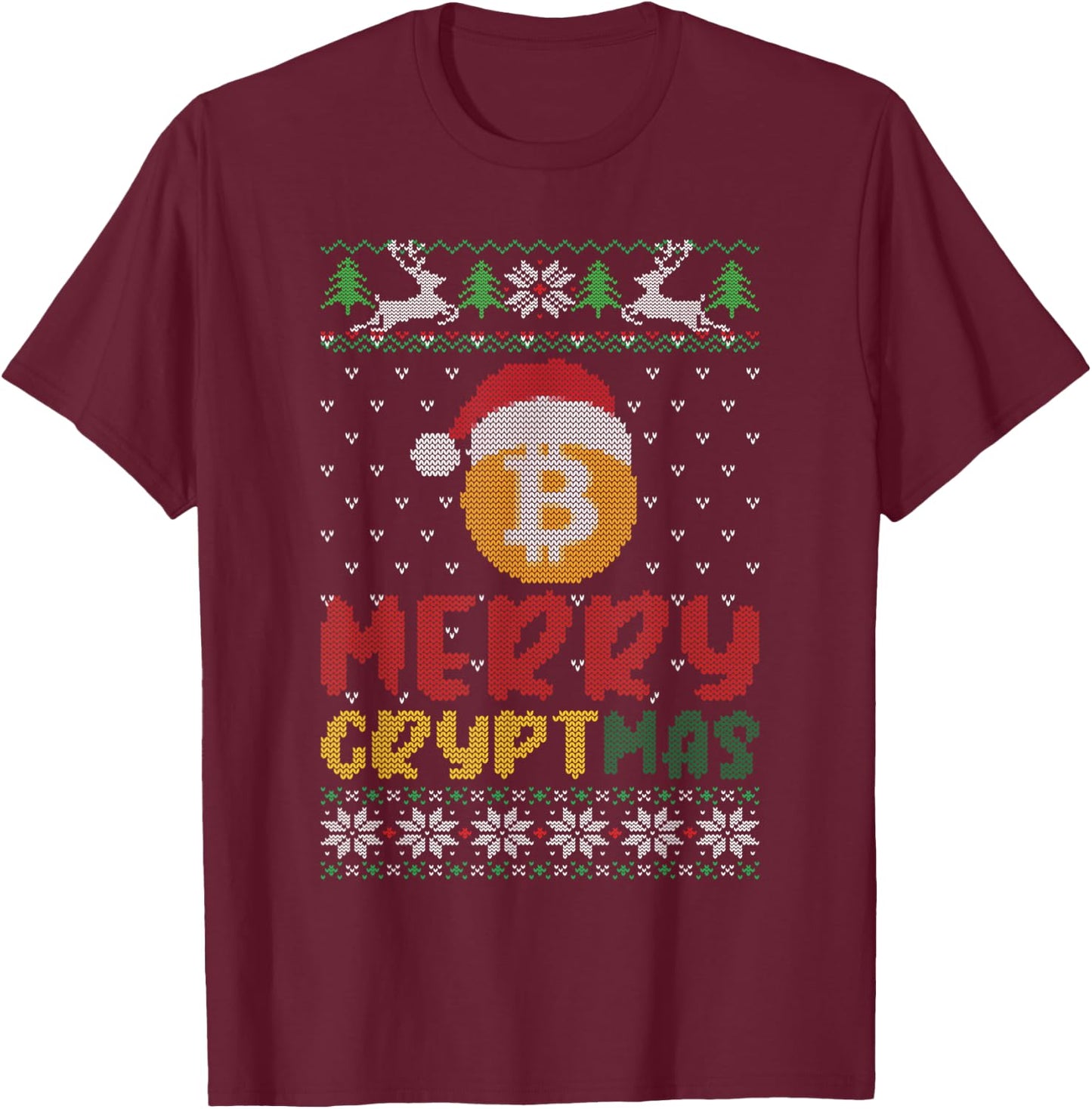 Merry Cryptmas, Ugly Bitcoin Blockchain Santa Hat Christmas T-Shirt - T-Shirt | Maroon
