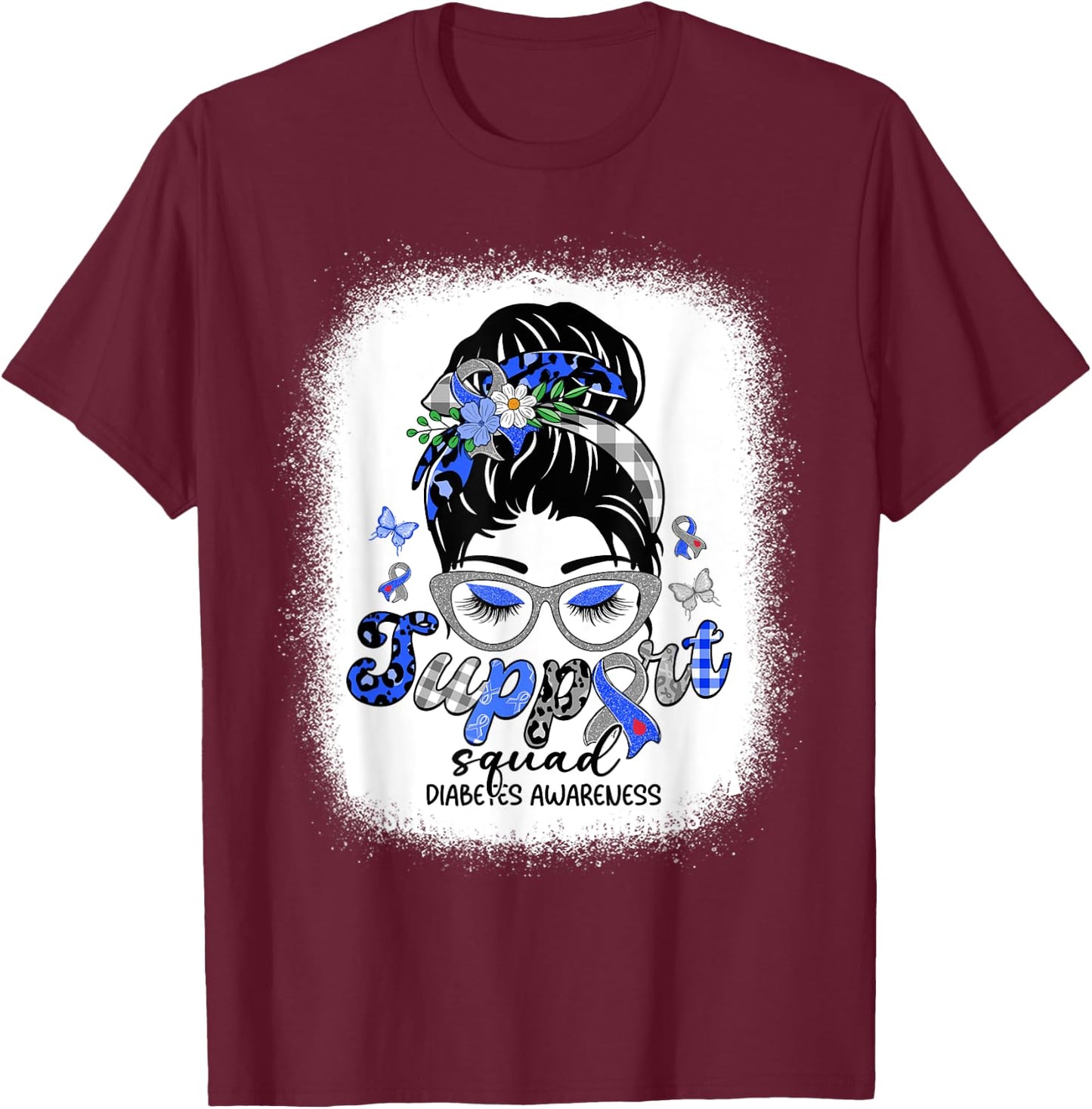 Support Squad Messy Bun Women Diabetes Awareness T-Shirt - T-Shirt | Maroon