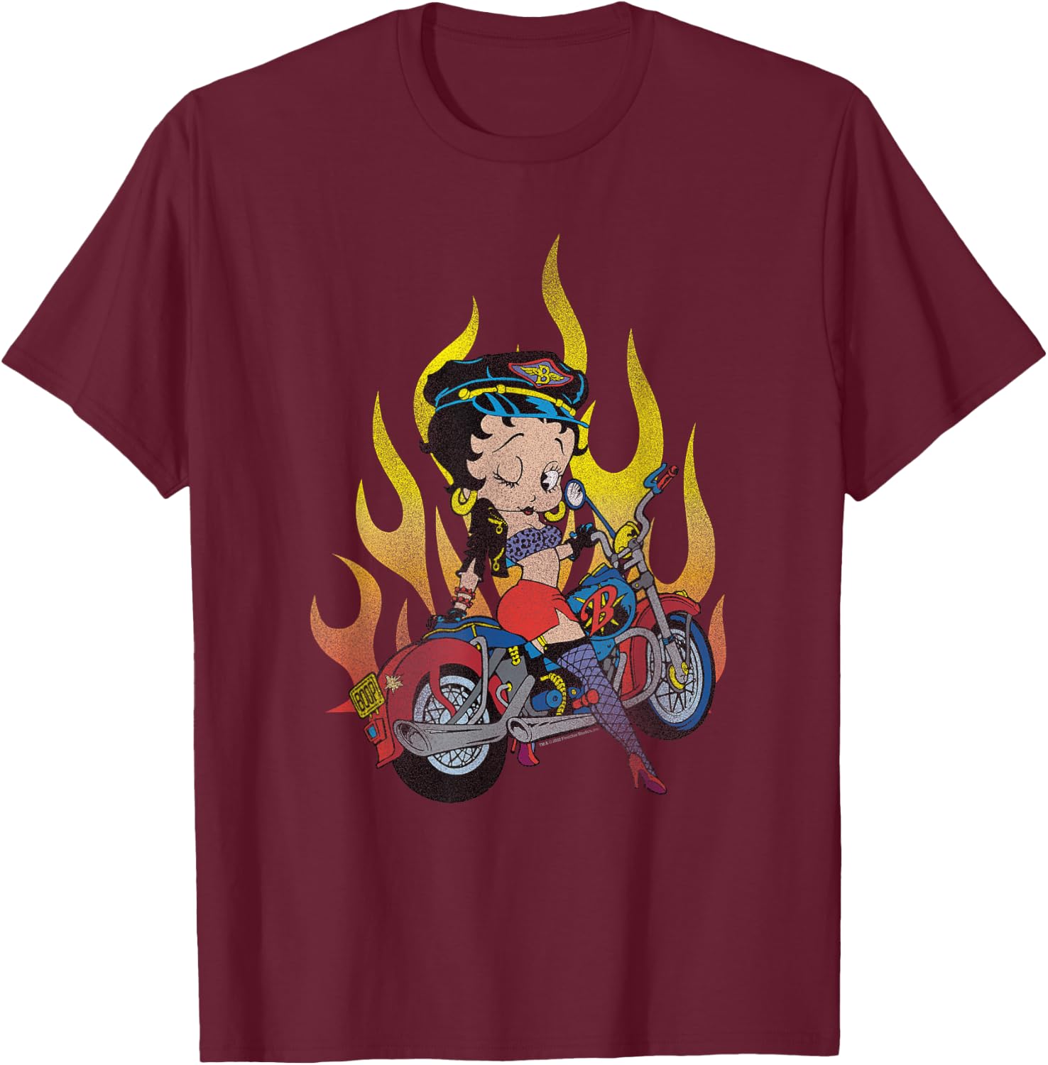 Betty Boop Biker Pose Fire Background V-2 T-Shirt - T-Shirt | Maroon