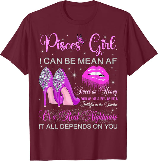Pisces Girl Birthday High Heels Dripping Lips Butterfly T-Shirt - T-Shirt | Maroon