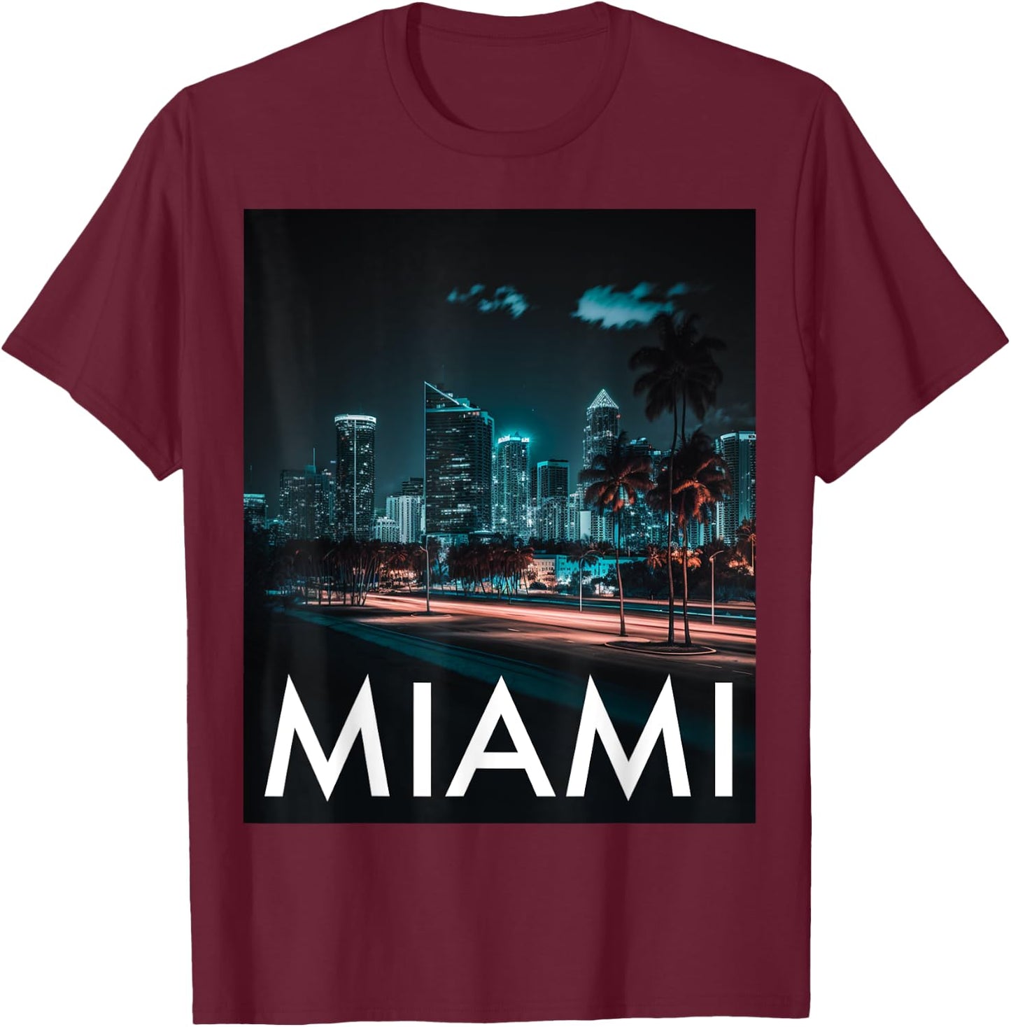 Miami Skyline Nightlife T-Shirt - T-Shirt | Maroon