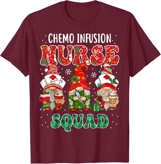 Chemo Infusion Nurse Cute Christmas Gnomes Oncology Nurse T-Shirt - T-Shirt | Maroon