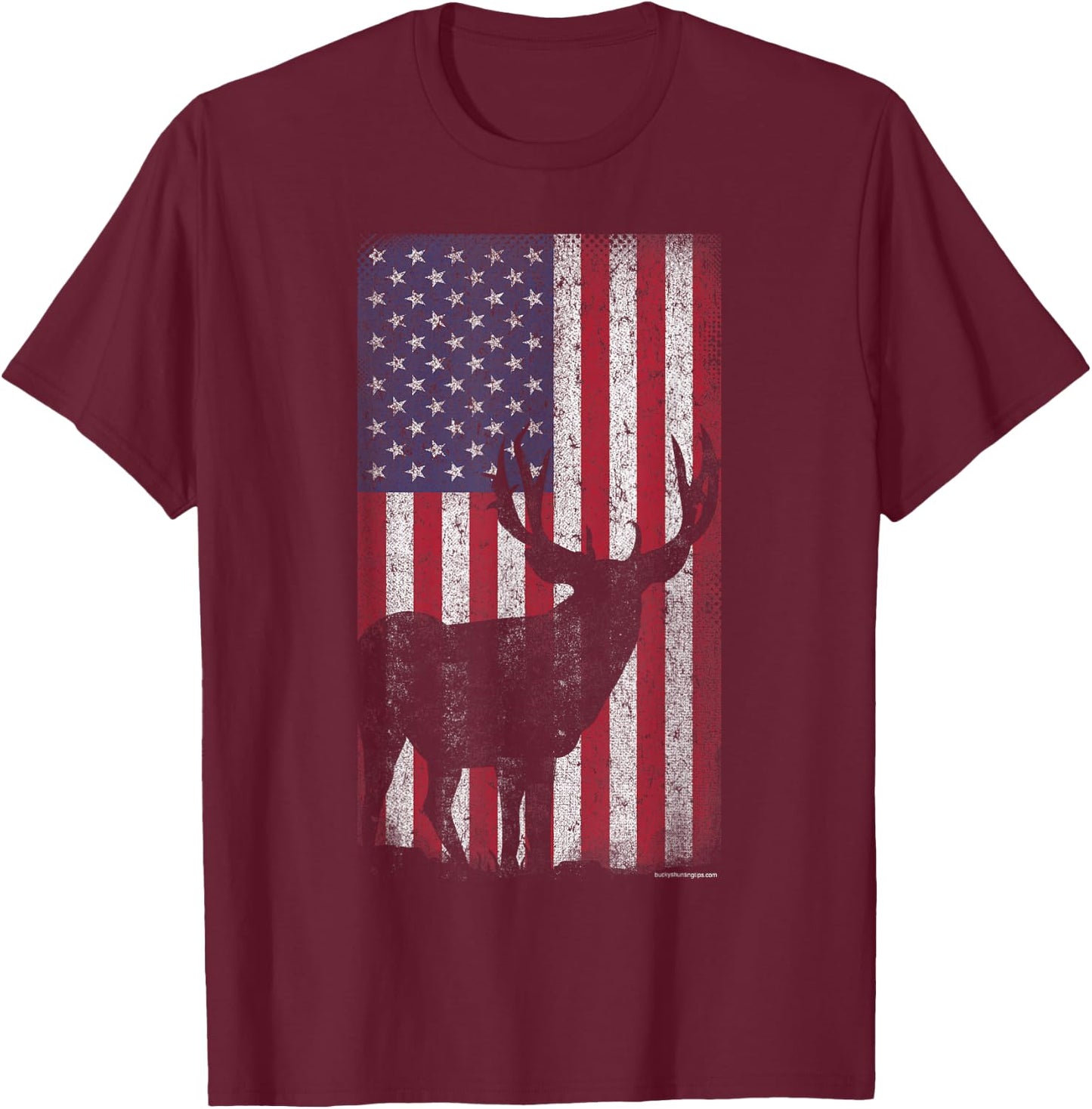Deer Hunting Mule Deer Buck US Flag - American Retro T-Shirt - T-Shirt | Maroon