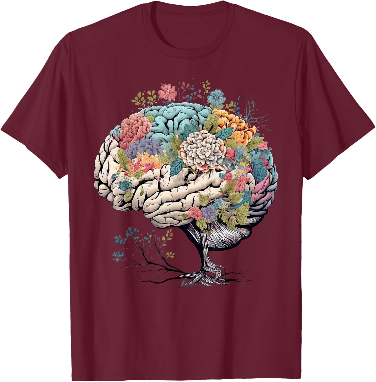 Floral Anatomical Brain Tree Mental Health Awareness T-Shirt - T-Shirt | Maroon