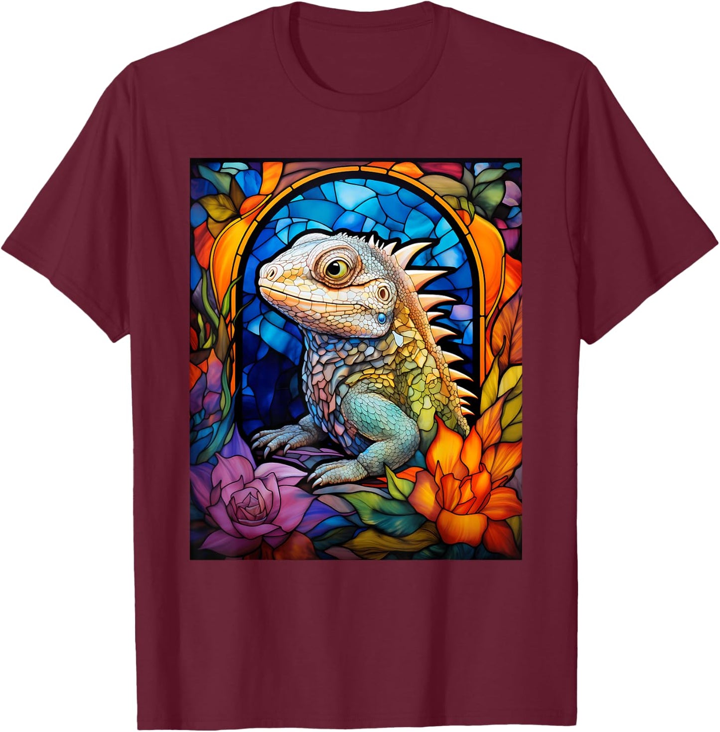 Stained Glass Style Tuatara T-Shirt - T-Shirt | Maroon
