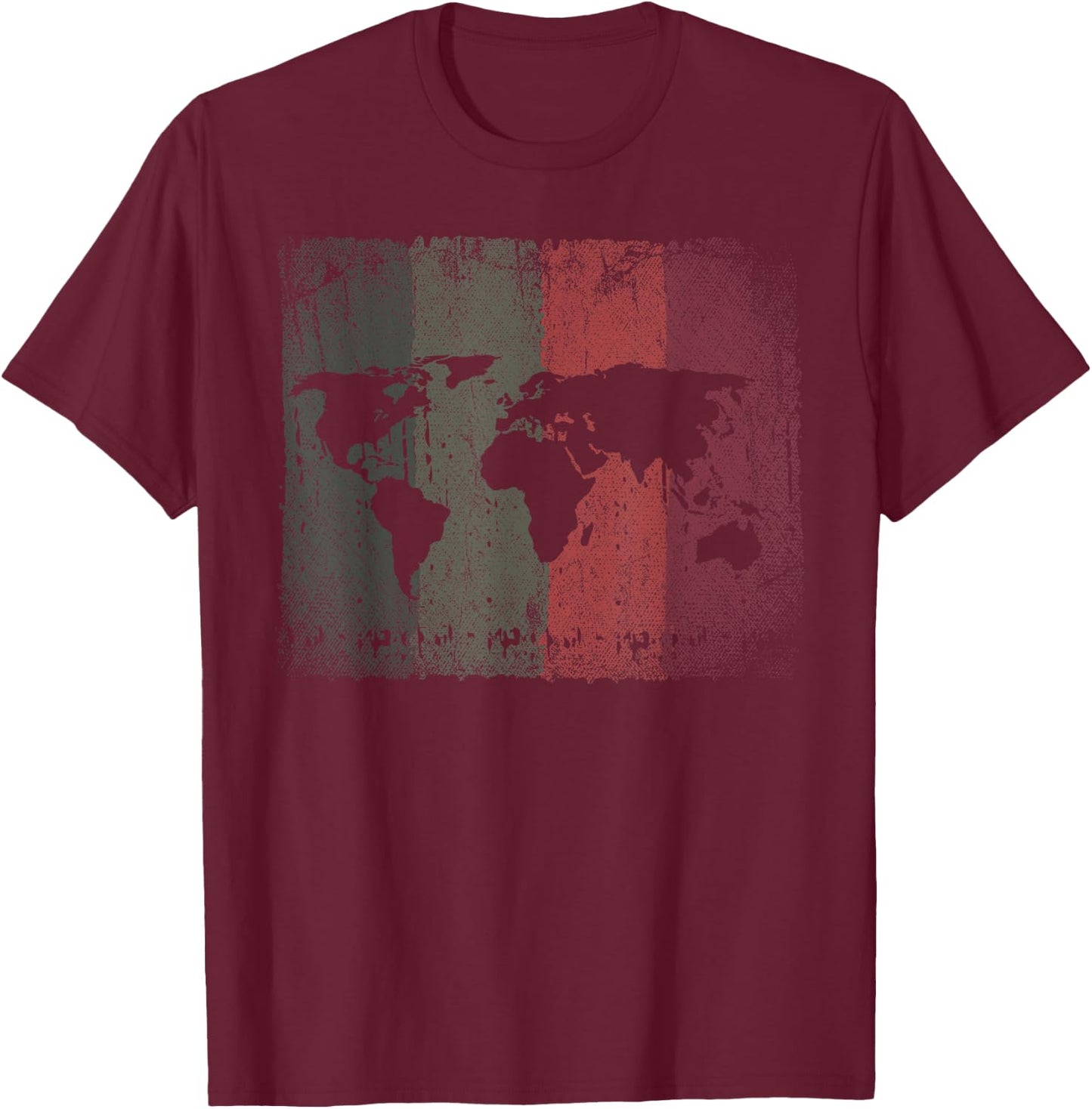 World Flags International Country Traveler Retro World Map - Black, Small - -Adults, Classic Fit, Short Sleeve T-Shirt - T-Shirt | Maroon