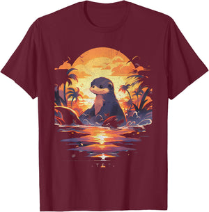 Cute Sunset Otter Tropical Beach Illustration Animal T-Shirt - T-Shirt | Maroon