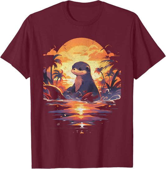 Cute Sunset Otter Tropical Beach Illustration Animal T-Shirt - T-Shirt | Maroon