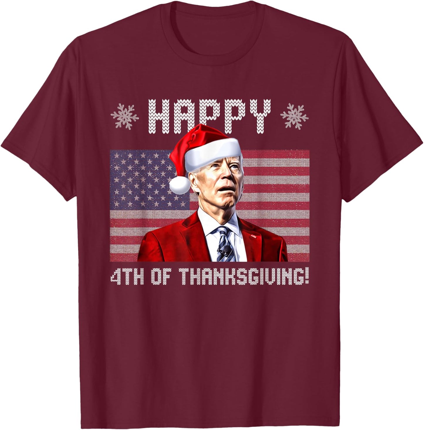 Happy 4th of Thanksgiving Christmas Biden Santa USA Flag T-Shirt - T-Shirt | Maroon