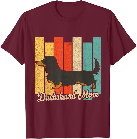 Black And Tan Long-Haired Dachshund Mom Retro Dog Mama T-Shirt - T-Shirt | Maroon