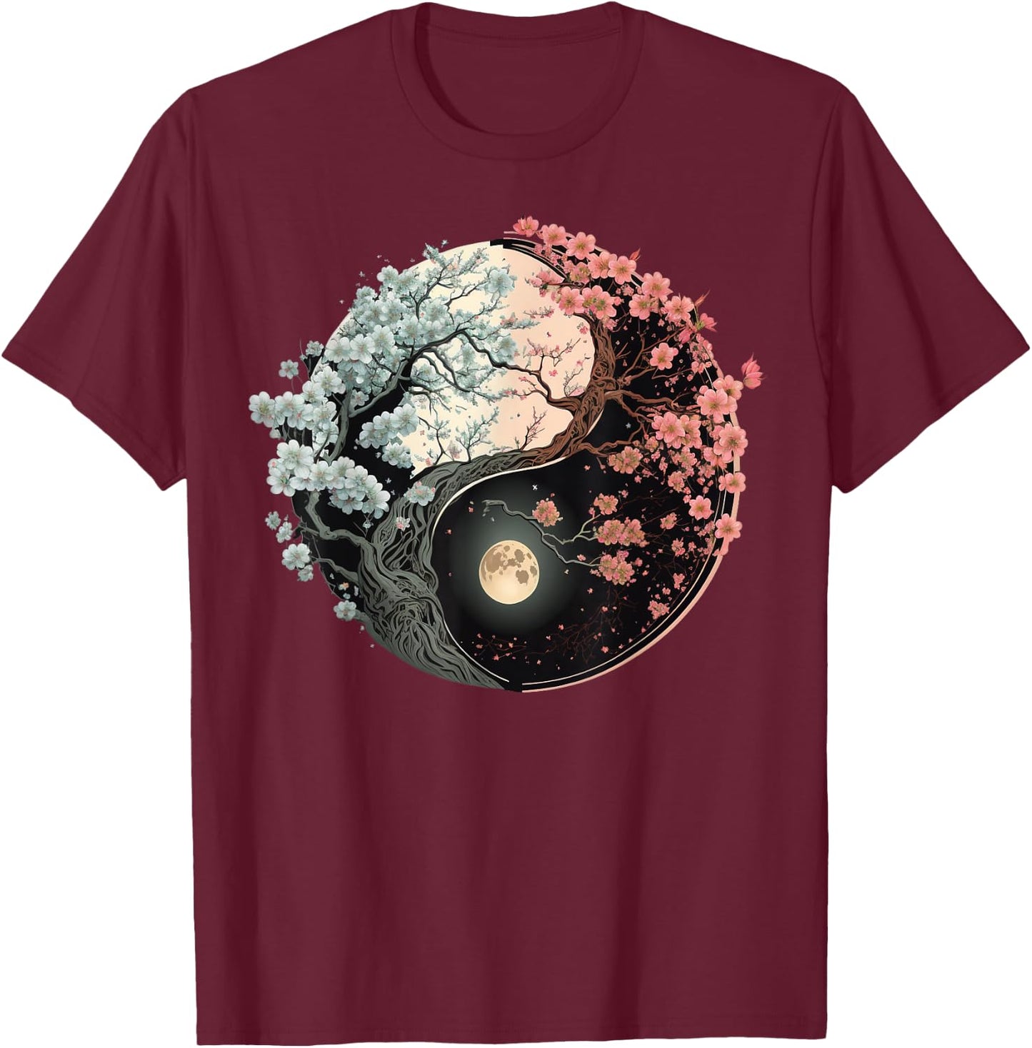 Taoism Yin Yang Cherry Blossom on Taijitu Yin Yang T-Shirt - T-Shirt | Maroon