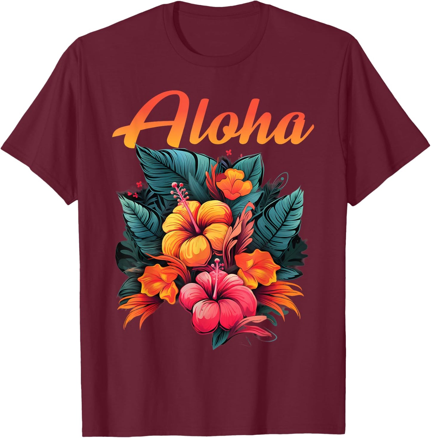 Aloha Tropical Hawaiian Flowers Hibiscus Orchid Hawaiian T-Shirt - T-Shirt | Maroon