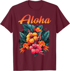 Aloha Tropical Hawaiian Flowers Hibiscus Orchid Hawaiian T-Shirt - T-Shirt | Maroon