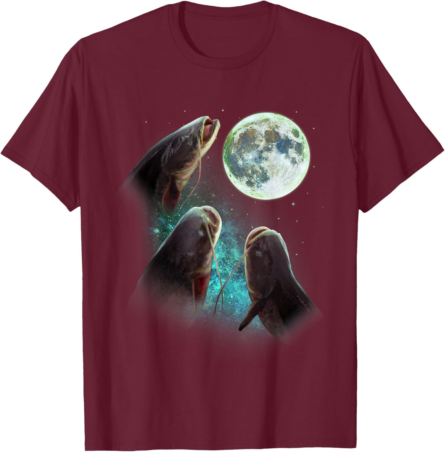 Fisherman Three Catfish Howl At Moon Wolfs Wolves Parody T-Shirt - T-Shirt | Maroon