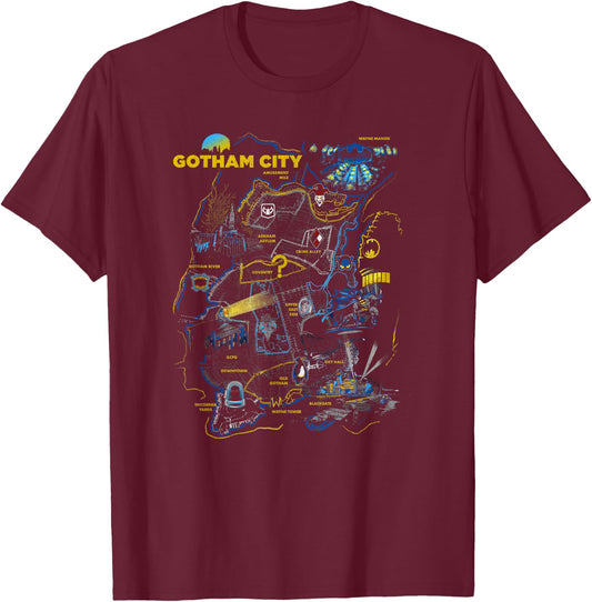 DC Comics Batman Gotham City Map Locations Territorial Logo T-Shirt - T-Shirt | Maroon