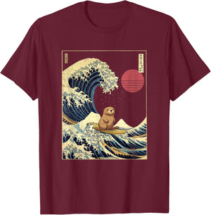 Sea Otter Japanese Kanagawa Wave Funny Surf Animal T-Shirt - T-Shirt | Maroon