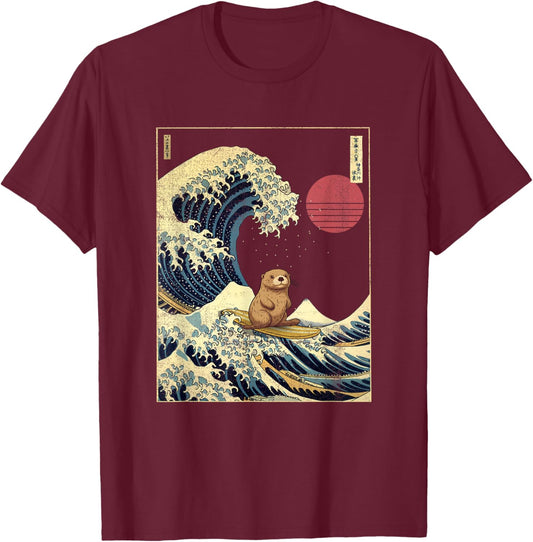 Sea Otter Japanese Kanagawa Wave Funny Surf Animal T-Shirt - T-Shirt | Maroon