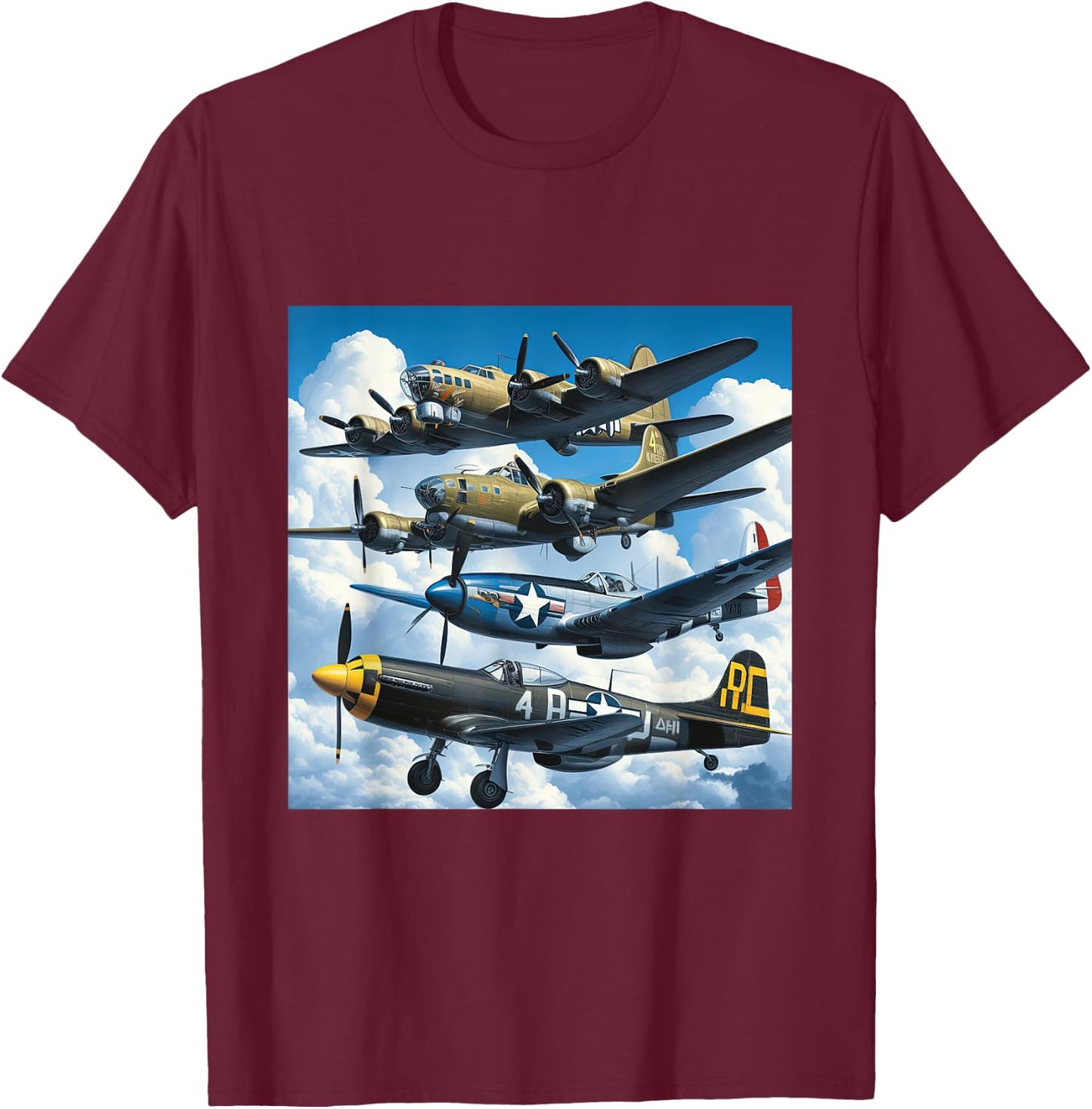 WW2 Warplanes B-17 P51 Mustang F4U Corsair P40 Warhawk T-Shirt - T-Shirt | Maroon
