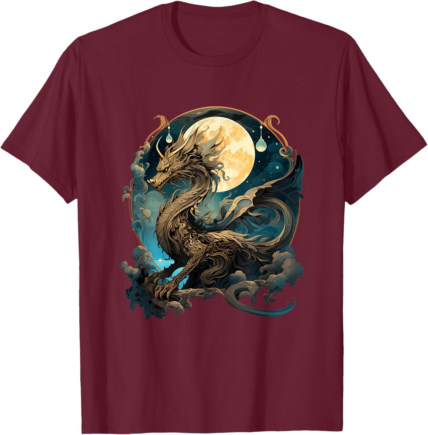 Beautiful Lunar Gold Dragon Floral Art Noveau T-Shirt - T-Shirt | Maroon