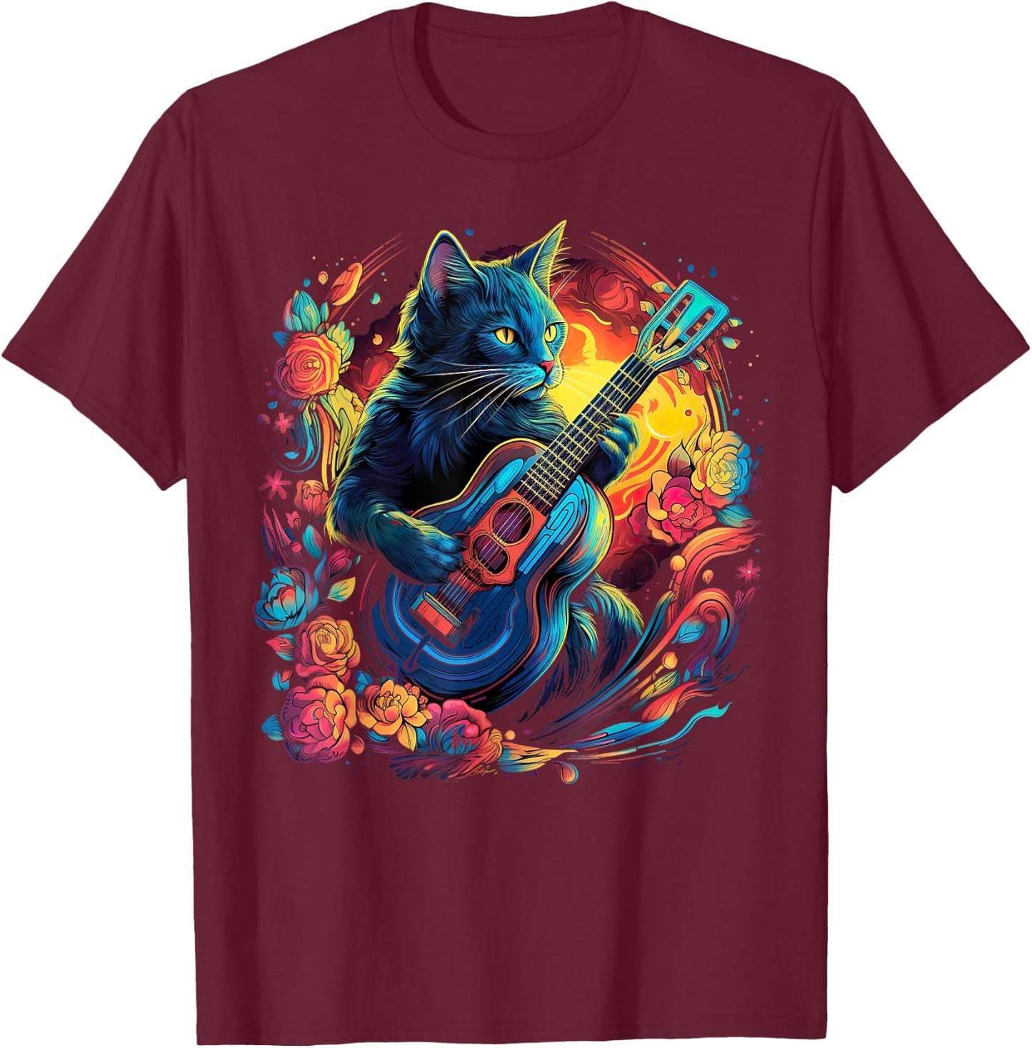 Rock Cat Playing Guitar Cat Funny Guitar Cat Kitty T-Shirt - T-Shirt | Maroon