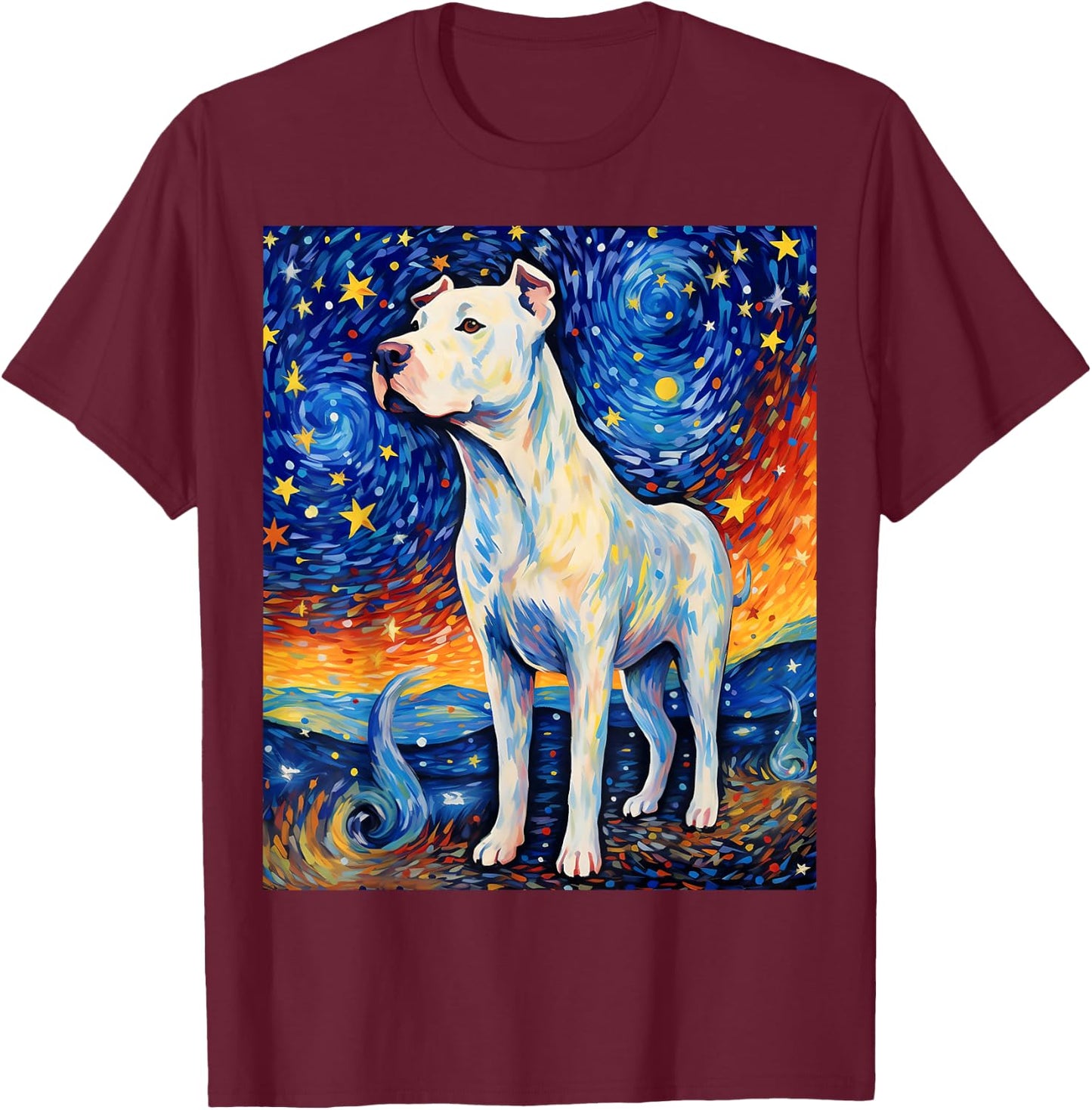 Surreal Starry Night Dogo Argentino Dog T-Shirt - T-Shirt | Maroon