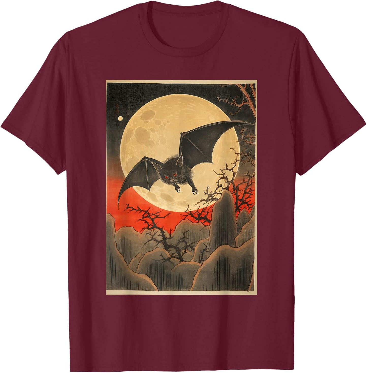 Japanese Woodblock Art 1905 Bat in Moon Meiji Era T-Shirt - T-Shirt | Maroon