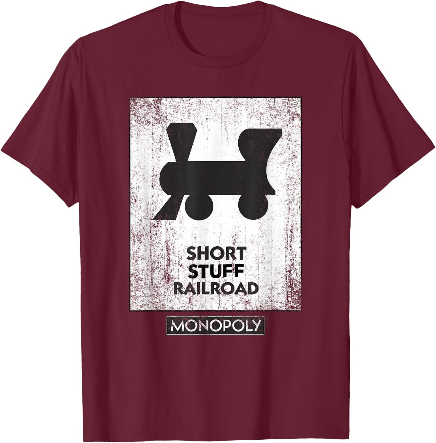 Monopoly Mr. Monopoly Short Stuff Railroad Distressed Logo T-Shirt - T-Shirt | Maroon