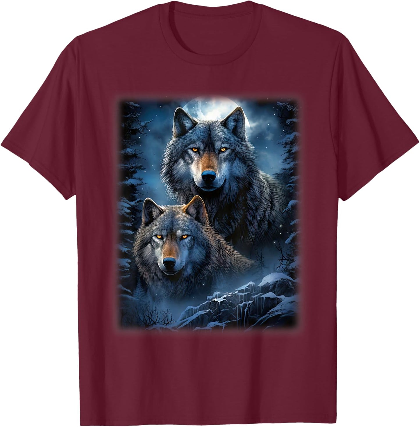 Wolf Wolves in Forest by Night Moon Fantasy Art Wildlife T-Shirt - T-Shirt | Maroon