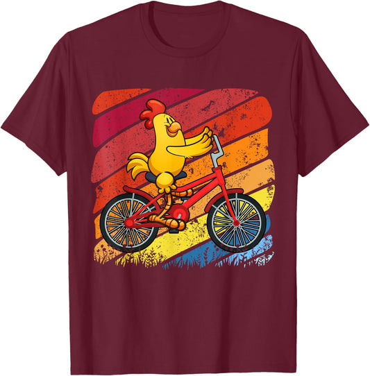 Vintage Retro Chicken Riding Bicycle Cyclist Farm Animal T-Shirt - T-Shirt | Maroon