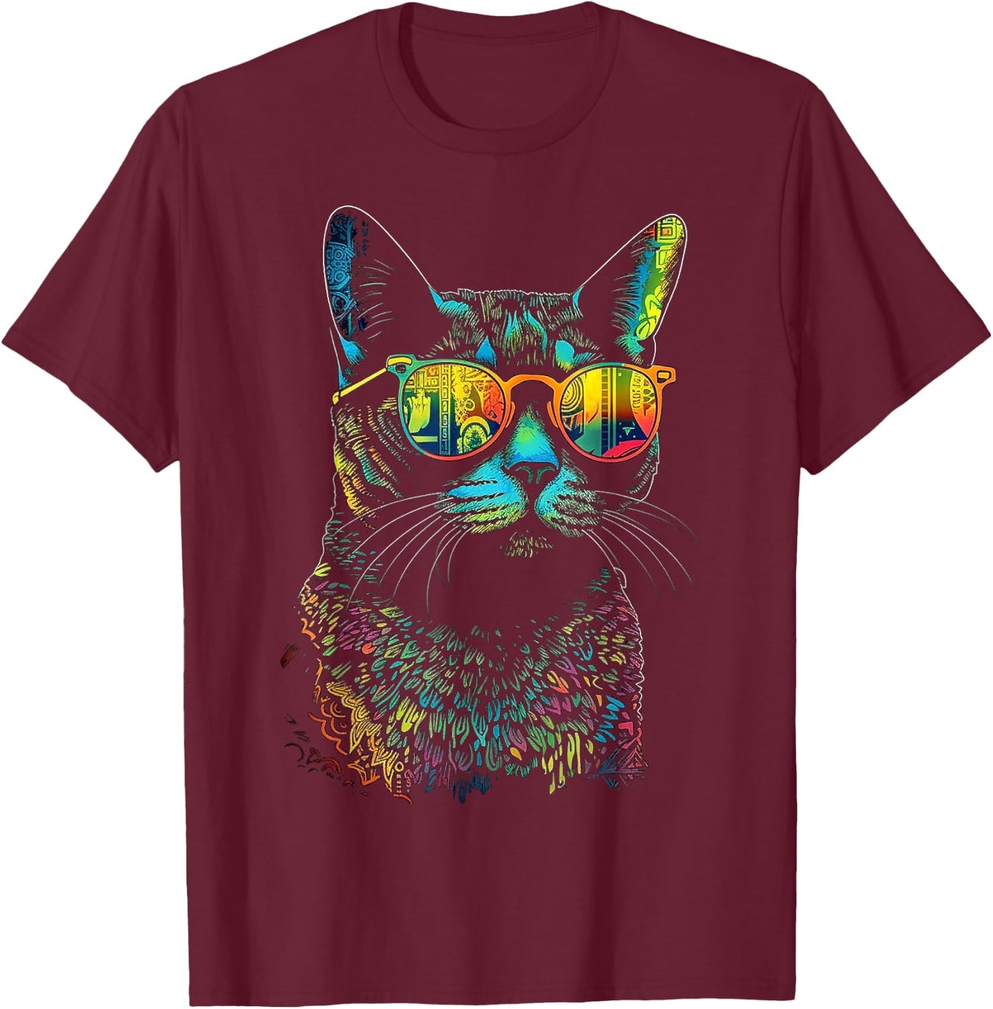 Cat Sunglaess Colorful Artwork | Animal Motif Cat T-Shirt - T-Shirt | Maroon