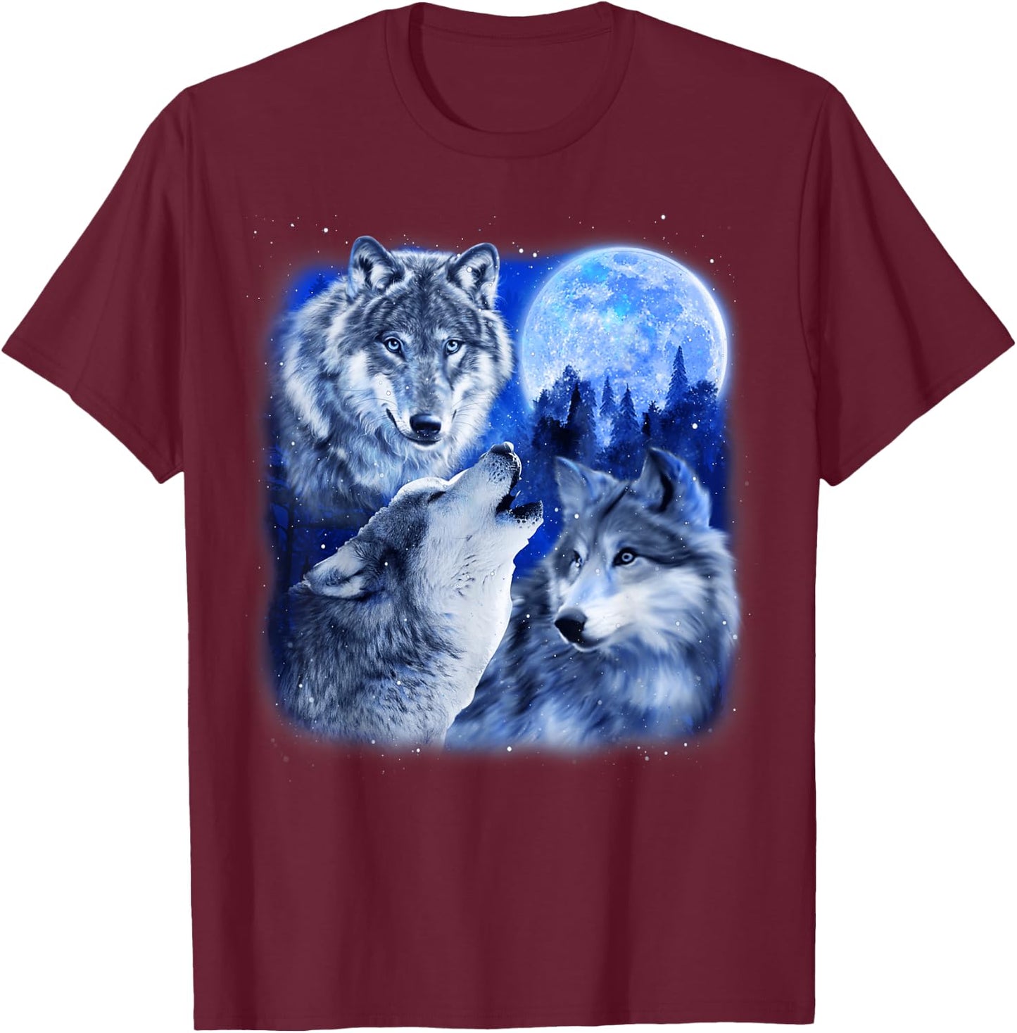 Three Wolves 3 Grey Wolf Howling At The Moon Wild Animal T-Shirt - T-Shirt | Maroon