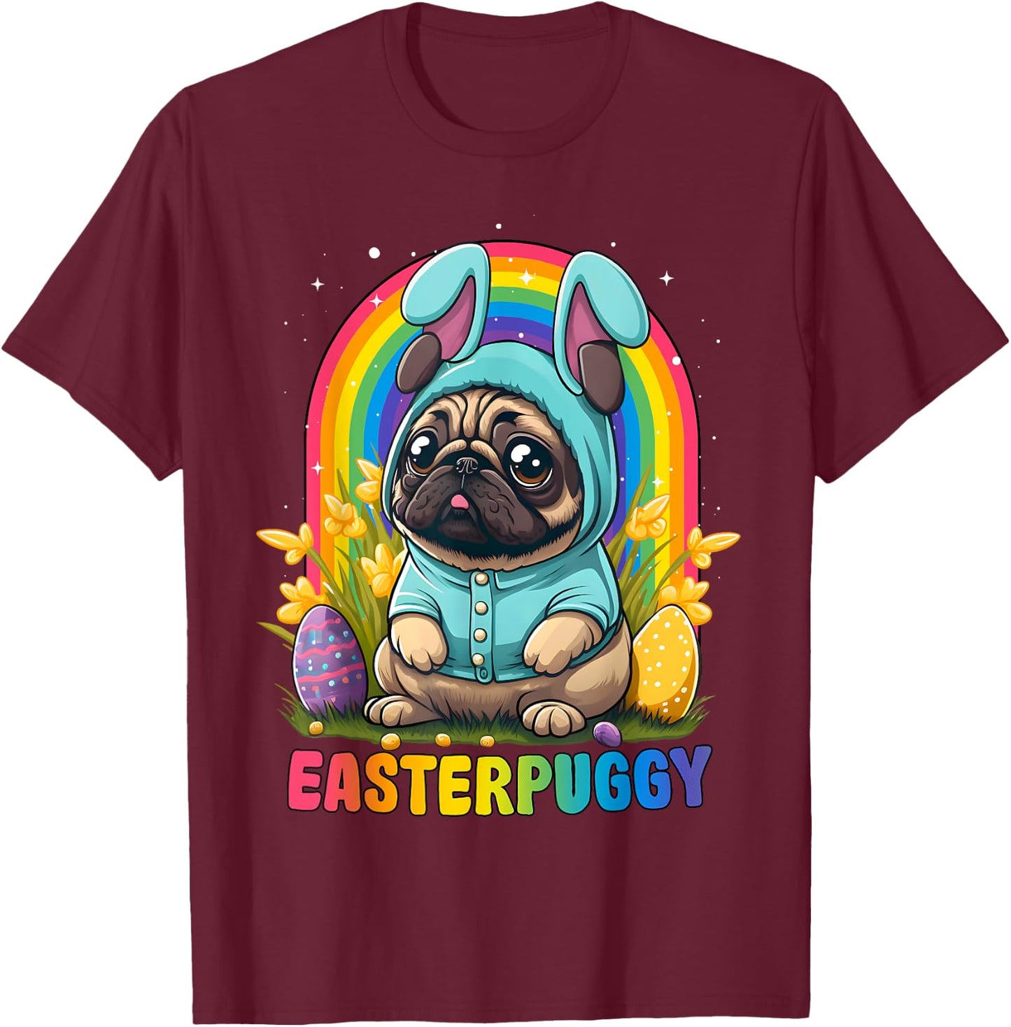 Funny Easter Pug Dog Easterpuggy Cute Pug Lover Rainbow Women Kids T-Shirt - T-Shirt | Maroon