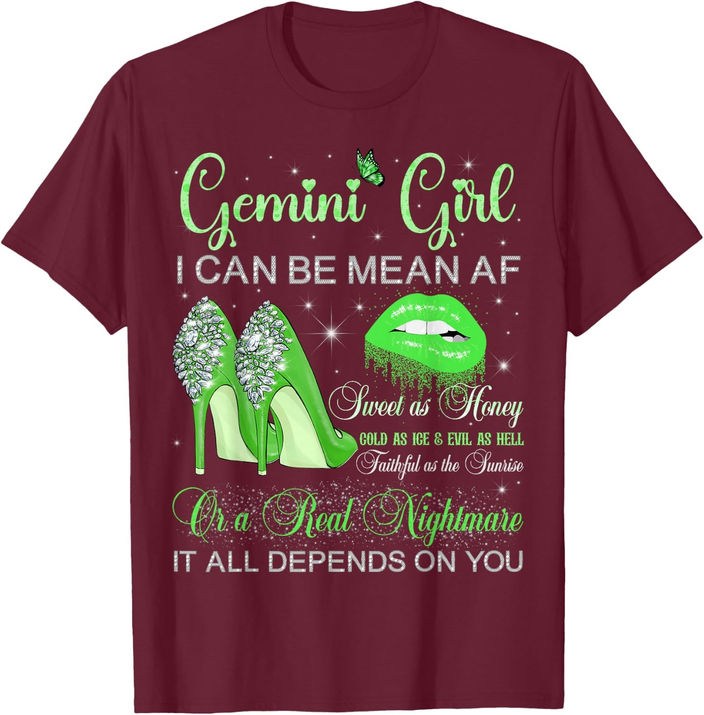 Gemini Girl Birthday High Heels Dripping Lips Butterfly T-Shirt - T-Shirt | Maroon